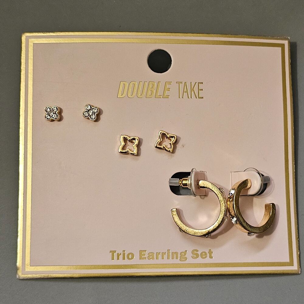 Double Take Trio Earring Set Hoops Studs Rhinestones Goldtone Pierced NEW